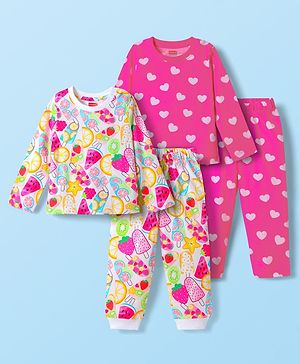 Babyhug Cotton Knit Full Sleeves Co-ords Night Suit With Tropical Theme & Heart Print Pack Of 2 - Pink & White