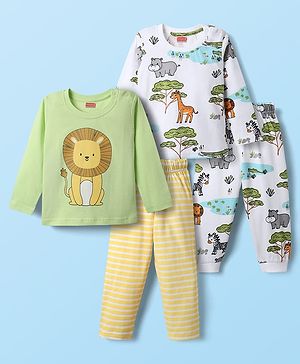 Babyhug Cotton Knit Full Sleeves Co-Ord Night Suits With Animal Print Pack of 2 - Multicolor