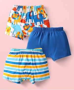 Babyhug 100% Cotton Above Knee Length Animal Printed & Striped Trunk Pack Of 3 - Blue Orange & Light Blue