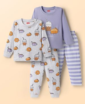 Babyhug Cotton Knit Full Sleeves Printed Co-Ord Night Suits Pack of 2 - White & Purple