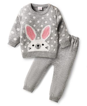 Babyhug Knitted Full Sleeves Sweater Set With Bunny & Polka Dot Print - Grey