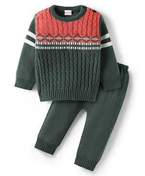 Babyhug Knit Full Sleeves Pullover Sweater Set With Cable Knit Design - Olive Green & Rust