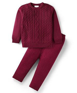 Babyhug Knitted Full Sleeves Sweater Set with Cable Knit Design - Wine