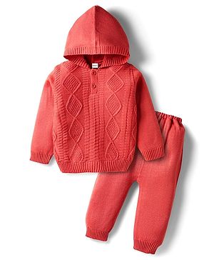 Babyhug Knit Full Sleeves Hooded Pullover Sweater Set with Cable Knit Design - Red