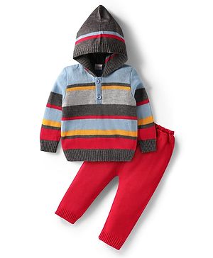 Babyhug Knit Full Sleeves Hooded Sweater Set With Stripes - Red