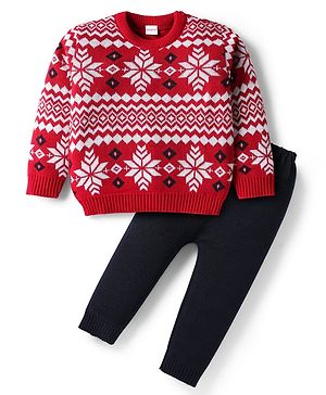 Babyhug Knit Full Sleeves Pullover Sweater Set With Floral Design - Red & Navy Blue