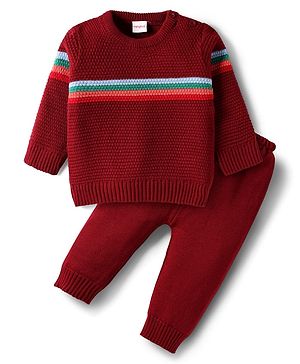 Babyhug Knit Full Sleeves Pullover Sweater Set with Stripes - Wine