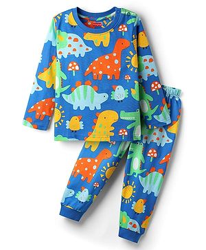 Babyhug Cotton Knit Full Sleeves Co-Ord Night Suit With Dino Print - Blue