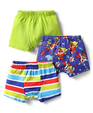 Babyhug 100% Cotton Trunks With Stripes & Ninja Turtles Print Pack Of 3 - Neon Green Blue & Red