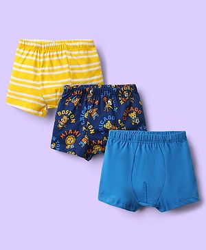 Babyhug 100% Cotton Single Jersey Knit Trunks With Stripes & Animal Print Pack Of 3 - Yellow Navy Blue & Royal Blue