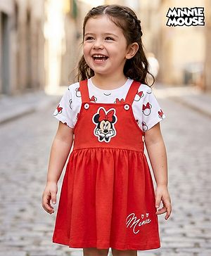 Babyhug Disney Single Jersey Knit Dungaree Style Frock & Half Sleeves Inner Tee With Minnie Mouse Graphics - Red & White