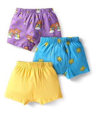 Babyhug 100% Cotton Knit Trunk with Bear & Star Print Pack of 3 - Lilac & Blue