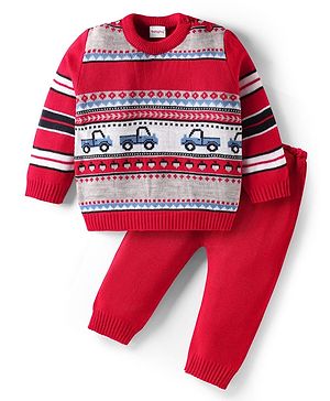 Babyhug Knit Full Sleeves Pullover Sweater Set With Vehicles Design - Red