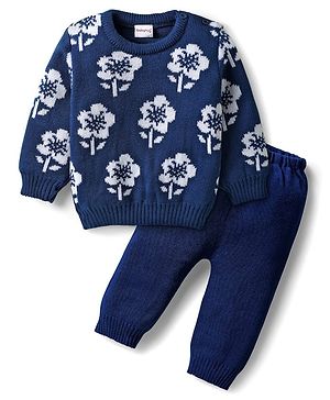 Babyhug Knitted Full Sleeves Sweater Set With Floral Design - Navy Blue