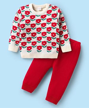 Babyhug Knitted Full Sleeves Sweater Set with Floral Design - Red & Cream