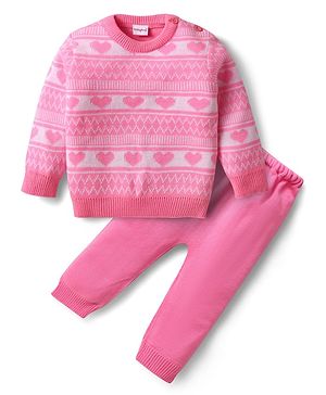 Babyhug Knitted Full Sleeves Sweater Set with Heart Design - Pink
