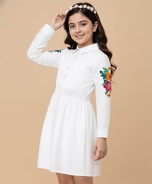 Pine Kids Cotton Woven Full Sleeves Shirt Dress with Floral Embroidery - White
