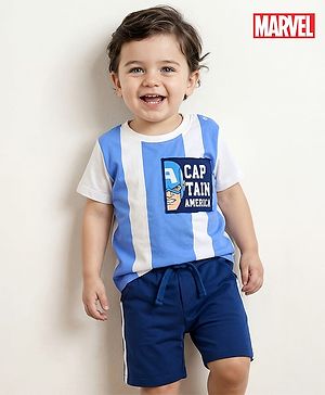 Babyhug Marvel Single Jersey Knit Half Sleeves Stripred T-Shirt & Shorts Set with Avengers Graphics - Light Blue & Navy Blue