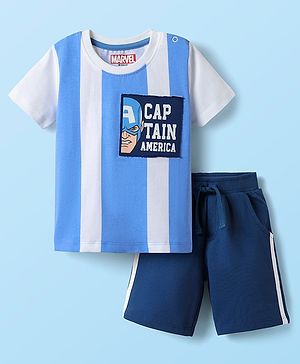 Babyhug Marvel Single Jersey Knit Half Sleeves Stripred T-Shirt & Shorts Set with Avengers Graphics - Light Blue & Navy Blue