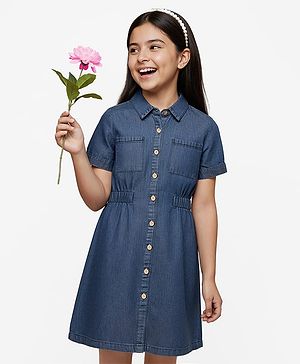 Pine Kids Cotton Woven Half Sleeves Collar Neck Shirt Style Solid Dress with Cinched Waist - Mid Blue
