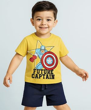 Babyhug Marvel Single Jersey Knit Half Sleeves T-Shirt & Shorts Set With Avengers Graphics - Yellow & Blue