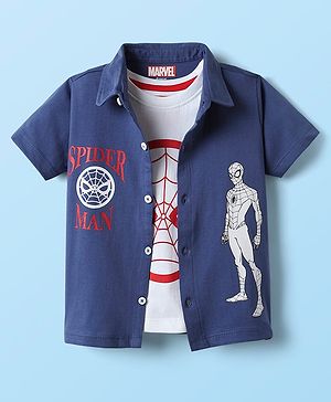 Babyhug Marvel Single Jersey Knit Half Sleeves Shirt & Sleeveless Vest Set with Spiderman Print - Navy Blue & White