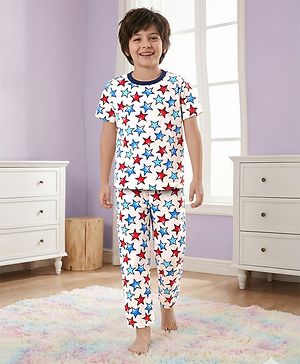 Pine Kids Single Jersey Knit Half Sleeves Co-Ord Night Suit With Star Print - White