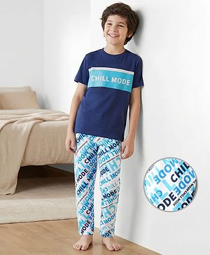 Pine Kids Single Jersey Knit Half Sleeves Night Suit With Chill Mode Print - Navy Blue