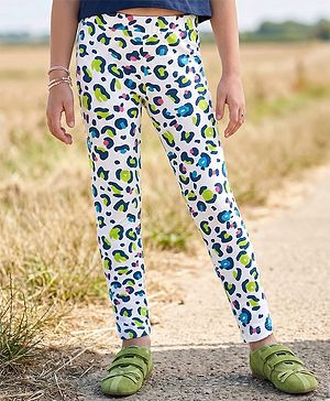 Pine Kids Cotton Lycra Knit Full Length Leggings with Cheetah Print - White