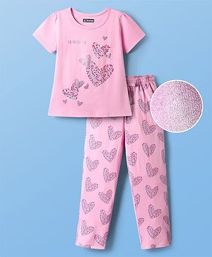 Pine Kids Single Jersey Knit Half Sleeves Night Suit With Hearts Print - Pink