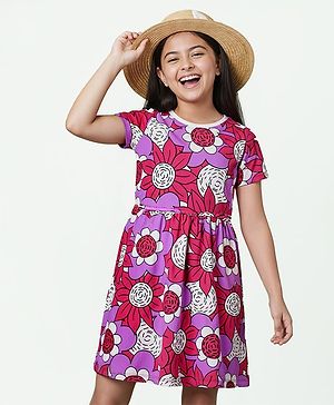 Pine Kids Cotton Knit Half Sleeves Frock With Floral Print - Multicolor