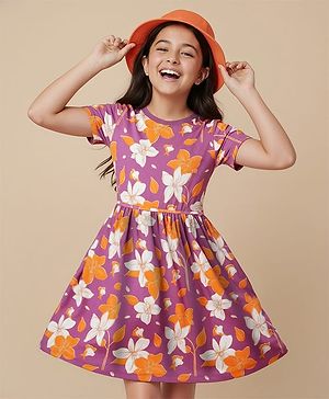 Pine Kids Cotton Knit Half Sleeves Frock With Floral Print - Fuchsia