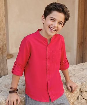 Pine Kids 100% Cotton Full Sleeves Solid Coloured Shirt With Mandarin Collar - Red
