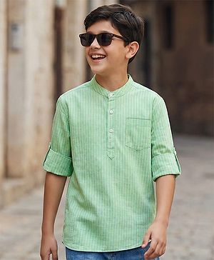 Pine Kids 100% Cotton Full Sleeves Stripes Shirt With Mandarin Collar - Light Green