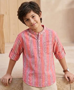 Pine Kids 100% Cotton Full Sleeves Stripes Shirt With Mandarin Collar - Multicolour