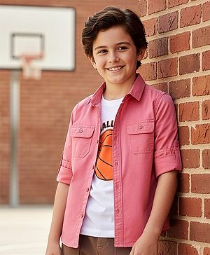 Pine Kids Cotton Woven Full Sleeves Solid Color Shirt With Text Printed T-Shirt - Light Red & White