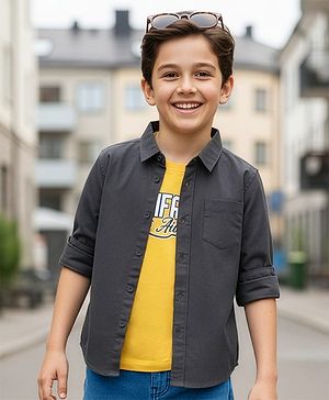 Pine Kids Cotton Woven Full Sleeves Shirt With Printed T-Shirt - Black