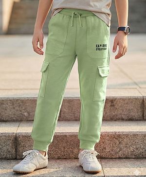 Pine Kids Cotton Knit Full Length Lounge Pant With Text Print & Cargo Pockets - Light Green