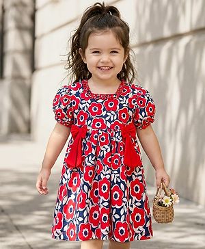 Babyhug Single Jersey Knit Half Sleeves Frock With Floral Print & Bow Applique - Multicolor