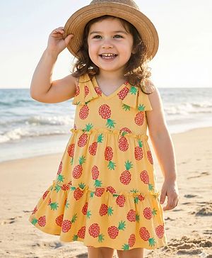 Babyhug Single Jersey Knit Sleeveless Frock With Pineapple Print & Bow Applique - Yellow