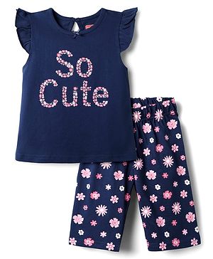 Babyhug Cotton Knit Frill Sleeves Half Capri Night Suit with Floral Print - Navy Blue