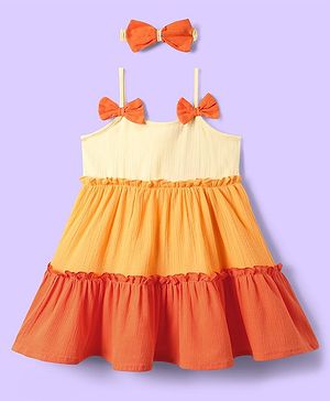 Babyhug Cotton Woven Sleeveless Frock With Bow Applique & Headband - Multicolor