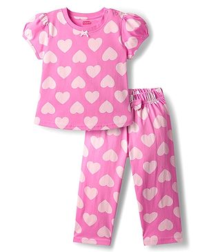 Babyhug Cotton Knit Half Sleeves Co-Ord Night Suit With Heart Print - Pink