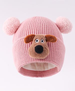 Babyhug Woollen Cap with Doggy & Bobble Applique Pink - Diameter 12 cm