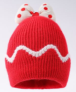 Babyhug Woollen Cap With Bow Applique Red & White - Diameter 13 cm