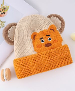 Babyhug Woollen Cap With Bear Face & Ear Applique  Orange - Diameter 10 cm