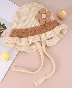 Babyhug Woollen Cap with Knot & Floral Applique Cream - Diameter 14 cm