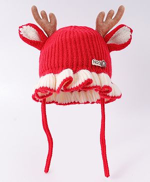 Babyhug Woollen Cap with Knot & Reindeer Ear Applique Red - Diameter 12 cm