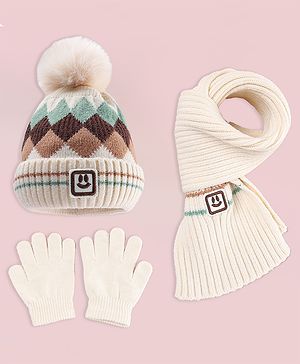 Babyhug Designed Woollen Cap Glove & Muffler Sets with Pom Pom Offwhite - Diameter 11 cm