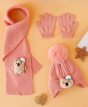 Babyhug Woollen Cap Mitten & Muffler Set with Teddy Embroidery & Applique Pink - Diameter 14 cm